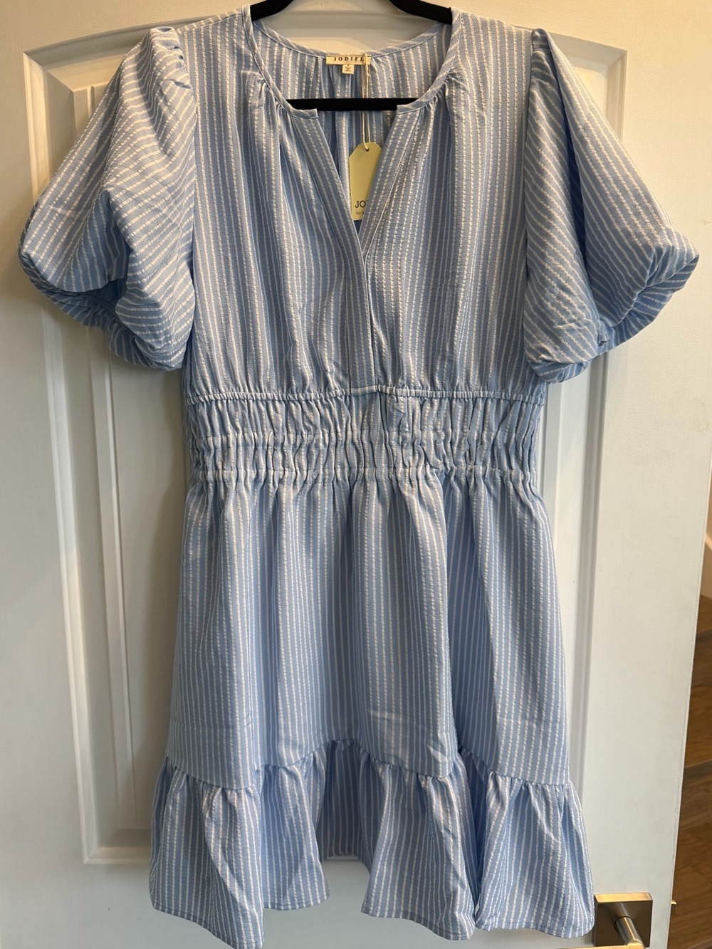 Jodifl Pale Blue and White Striped Puff-Sleeve Dress